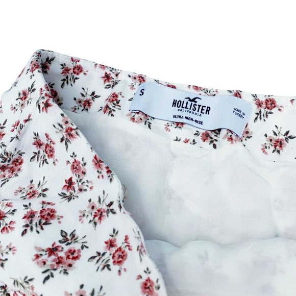 White Floral Ruffle Mini Skirt with Red Flowers High Waist Hollister Small - Picture 10 of 11
